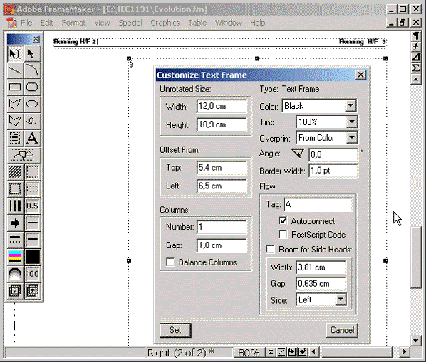 FrameMaker mallsida med textram
