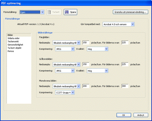 Acrobat dialog PDF-optimering